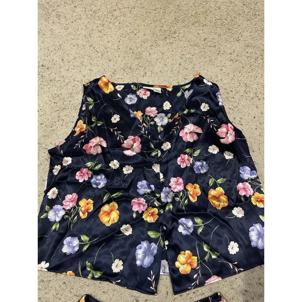 VTG Honors Intimates XL Pajama SET Top Sleep Shorts Silky Satin Navy Floral E25